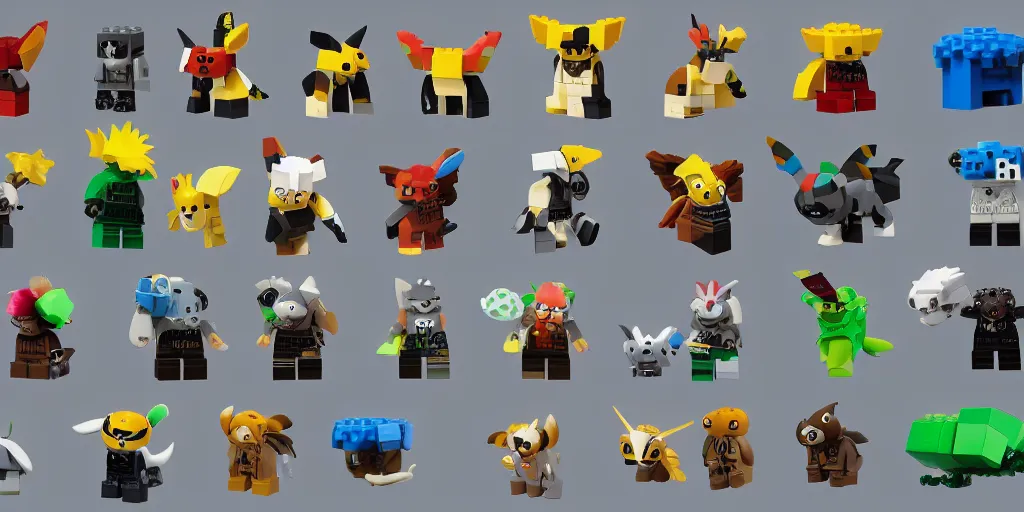 Image similar to small creatures made of a single brick, four legged, quadrupedal, cute looking, kawaii, sharp focus, character sheet, game concept art, blocky, lego mixels, japanese, katamari damacy inspired, pokemon inspired