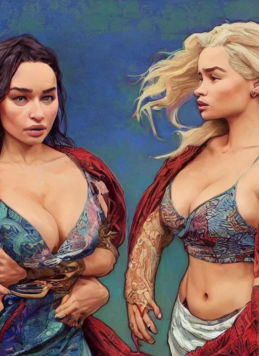 Image similar to lindsey pelas and emilia clarke wearing a batik tube top, digital painting, artstation, concept art, sharp focus, illustration, art by artgerm and greg rutkowski and alphonse mucha