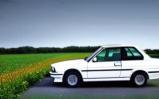 Prompt: a white bmw e30 parked in a flower field, wes anderson film, zoomed out, wide shot, panorama, hi res, 4k, high detail