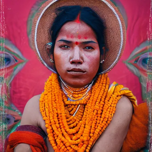 Image similar to realistic exposed expired fuji film portrait of naga sadhu india women at maha kumbh, marigold celestial vibe, hyperrealism, hypermaximalism, photorealistic, detailed, atmospheric, 8 k, award winning photography, cinematic