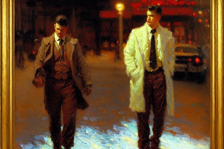 Image similar to winter, attractive male, neon light, painting by gaston bussiere, craig mullins, j. c. leyendecker