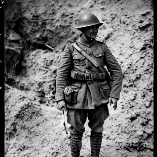 Image similar to Danny Gonzales as a soldier, ww1 trench, war photo, film grain