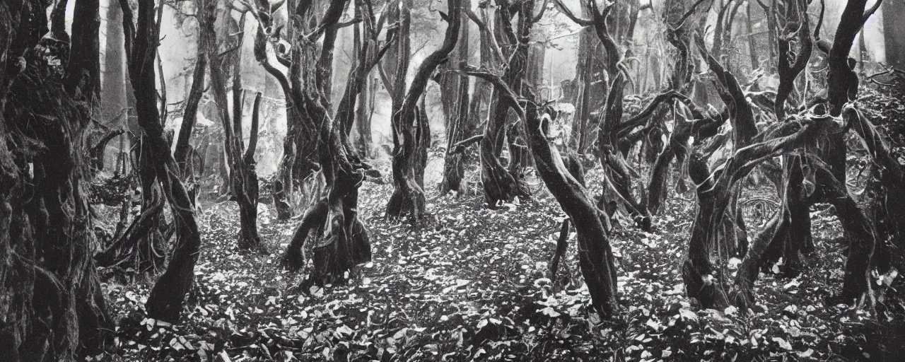 Image similar to 1920s photography of occult humanlike root creatures creeping and lurking in dark forest in the dolomites