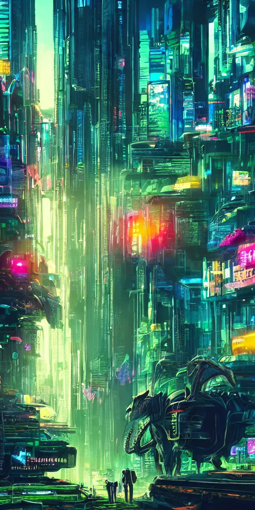 Image similar to a beautiful painting of a lush cyberpunk city with a single dinosaur grazing in the foreground by ridley scott, vivid colours, cinematic lighting, fine details, 8 k | | digital artwork made by greg rutswork, anna dittmann and lois van barlee, symmetrical neon rim light, anatomically correct