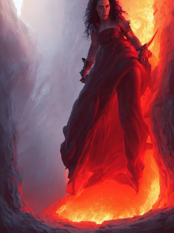 Image similar to Jennifer Connelly opening the door to hell, red lighting, time warping, D&D, fantasy, highly detailed, digital painting, trending on artstation, concept art, sharp focus, illustration, art by artgerm and greg rutkowski and magali villeneuve