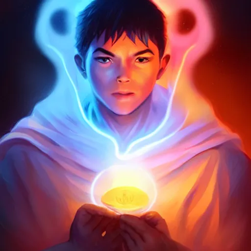 Image similar to a fantastical glowing young monk made of blue aura illustrated by artgerm and greg rutkowski