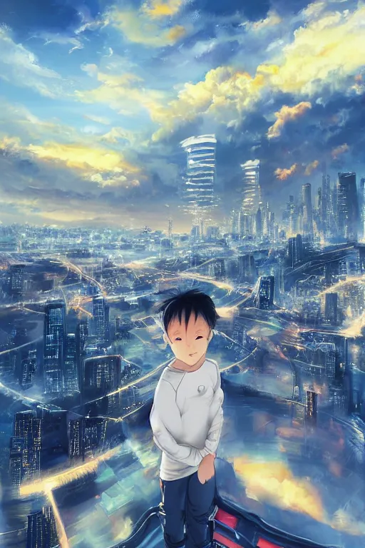 Prompt: young boy in white tracksuit overlooking a futuristic city, golden hour, dreamy, beautiful clouds, beautiful artwork by Makato Shinkai, futuristic