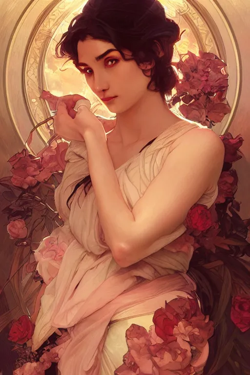 Image similar to close up portrait of goddes of rose, digital illustration, dramatic lighting, by artgerm and greg rutkowski and alphonse mucha