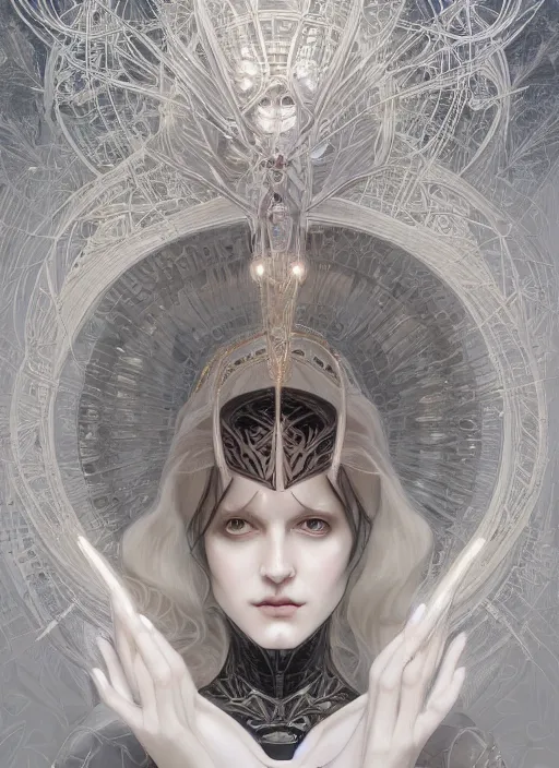 Image similar to symmetry!! white witch, machine parts embedded into face, intricate, elegant, highly detailed, digital painting, artstation, concept art, smooth, sharp focus, illustration, art by artgerm and greg rutkowski and alphonse mucha, 8 k