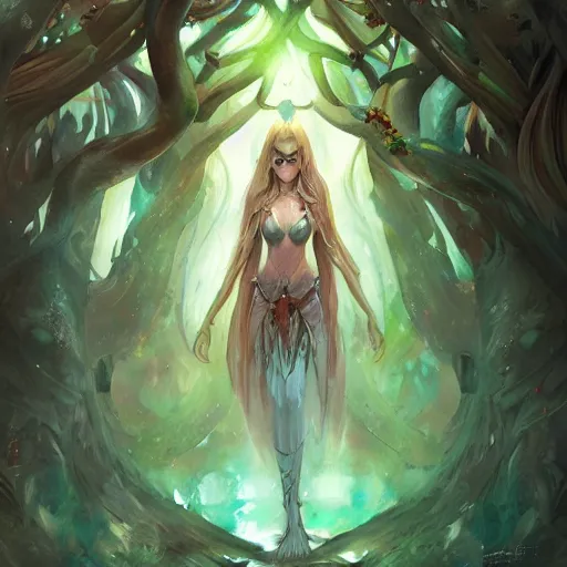 Prompt: The oracle of trees by ross tran, elf priestess, half woman half tree, watercolor masterpiece, trending on artstation