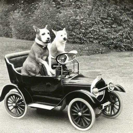 Prompt: 1920s vintage photo of dog driving a car