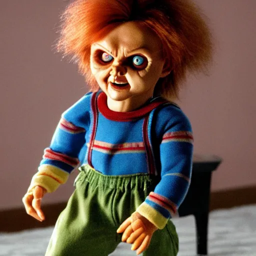 Image similar to Chucky the killer doll from the movie Child's Play in an episode of Stranger Things