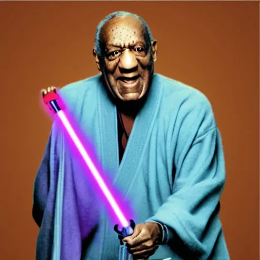 Image similar to Bill Cosby as a jedi with a purple light saber