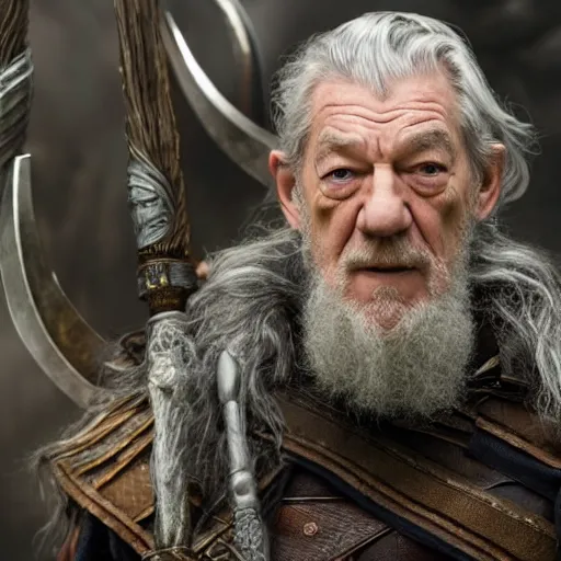 Prompt: sir ian mckellen playing odin all father from the thor movie, sir ian mckellen with a staff comanding valkyries, highly detailed, cinematic shot, cinematic lighting, 8 k, exquisit facial detail