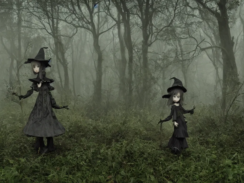 Prompt: cute gothic fumo plush witch girl ventures deep into the forbidden forest, ancient overgrown pagan monument summoning circle, volumetric fog and smoke, the bog of dark abyss, vray