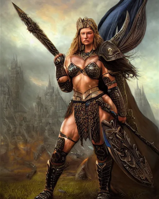 Prompt: a fierce and muscular warrior princess in full armor, fantasy character portrait by howard david johnson