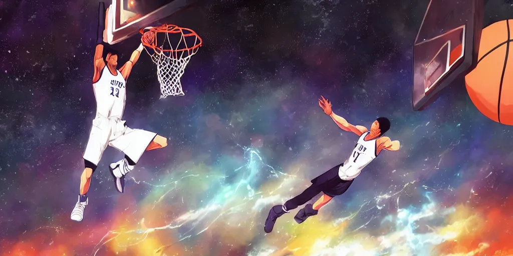 Prompt: digital painting of dunking a basketball in space, by vincent di fate and takehiko inoue, highly detailed, science fiction, anime, ghost in the shell color scheme, masterpiece