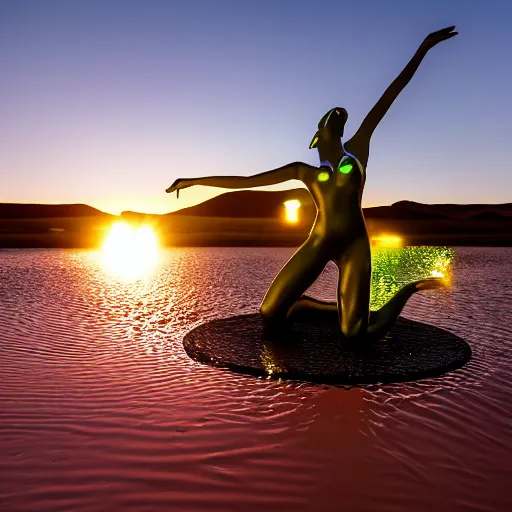 Image similar to 4 k polaroid wide angle photo of a glowing giant steel shiny reflective woman statue dancing, half submerged in water, in a desert oasis lake, at dusk, with neon lighting