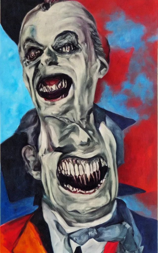 Image similar to portrait of conrad veidt the man who laughs wide grin, award winning oil surrealist painting, sharp color palette