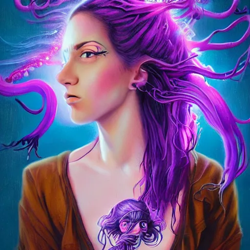 Image similar to detailed photo portrait of a furious teen girl with thin, hair-like purple tentacles on her head and bright purple eyes, 8k,by tristan eaton, Stanley Artgermm,Tom Bagshaw,Greg Rutkowski,Carne Griffiths,trending on DeviantArt, face enhance,hyper detailed ,full of colour, dramatic lightning