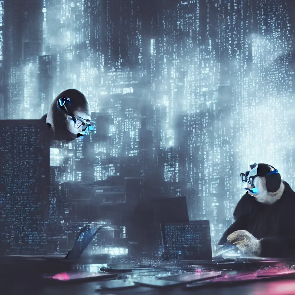 Prompt: a fluffy panda programmer wearing metal frame glasses is writing coding in front of a Mac, foggy, mystery code, Cyberpunk, neon light, 4k, hd, highly detailed