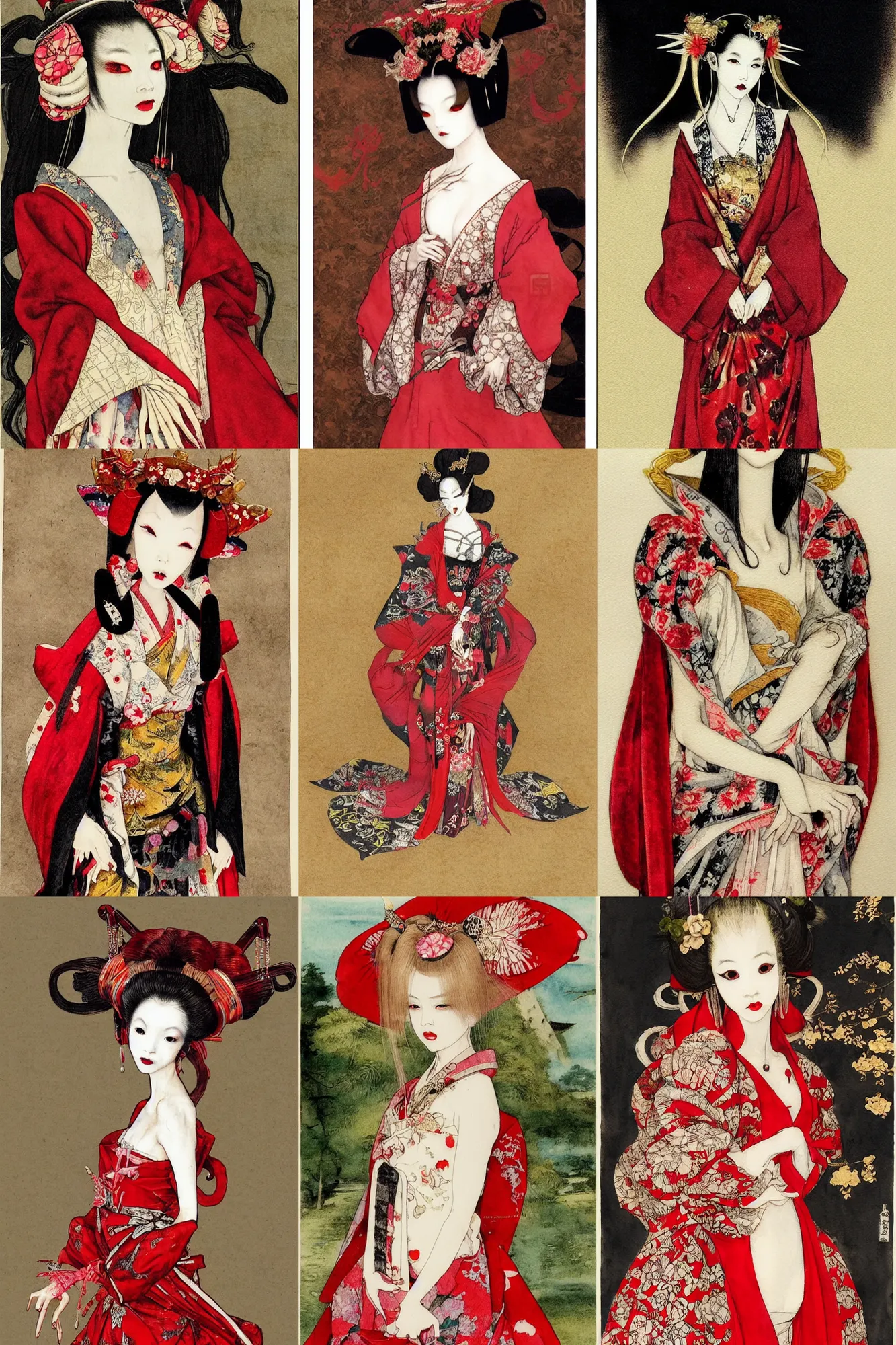 Prompt: watercolor painting of an avant - garde japanese bjd geisha vampire queen with a long neck in a lolitafashion red dress, painted by albrecht durer, tintoretto, intricate detail, artstation, artgerm, in the style of dark - fantasy, rococo, gold leaf art