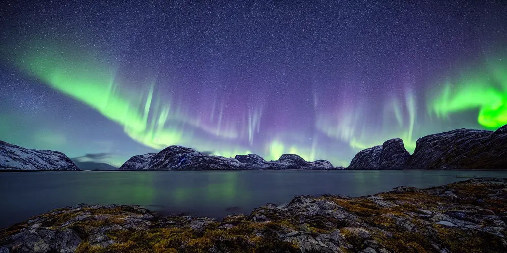 Image similar to a beautiful landscape photo in northern Norway by a famous landscape photographer, night sky with stars and green northern lights, long exposure, wide angle lens, rule of thirds