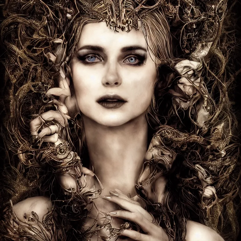 Image similar to mindblowing portrait of the enchantress queen, a stunning timeless beauty, breathtaking eyes, perfect skin, feathered eyelashes, royal gothic dress with a lot of leather, heavy silent hill aesthetic, incredibly intricate, digital art, blender, houdini & photoshop, very elegant & complex, hyper-maximalist, overdetailed, epic cinematic quality, biblical art lighting, photorealistic, lifelike, OLED, DSLR HDR 8k, face is the focus, facial feature symmetry, hyper composed, created by Nixeu & z--ed from deviantart