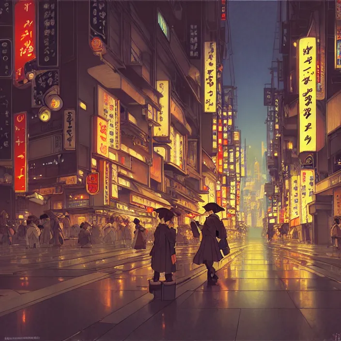 Image similar to empty tokyo at night, spring, in the style of studio ghibli, j. c. leyendecker, greg rutkowski, artem