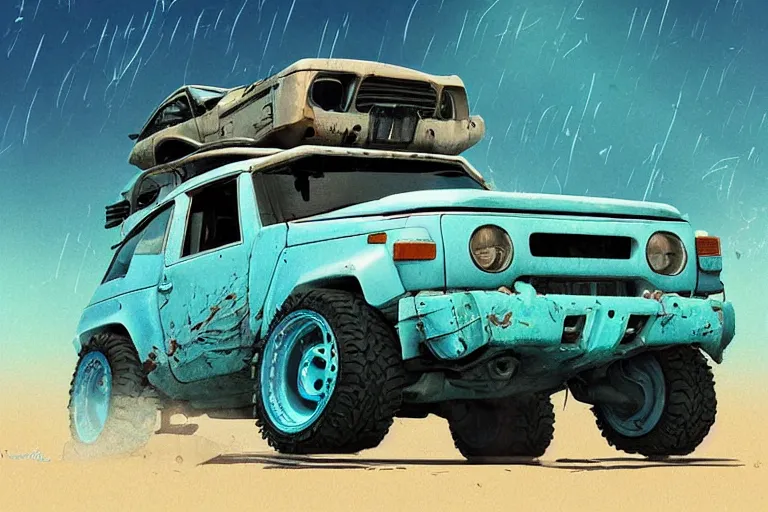 Image similar to digital illustration of a futuristic faded cyan mad max's fj 4 0 decrepit!!!! pursuit special, rusty!!! cyberpunk nissan fj cruiser heavily modded 1 9 9 0 s, the last v 8 interceptor by makoto shinkai, ilya kuvshinov, lois van baarle, rossdraws, basquiat