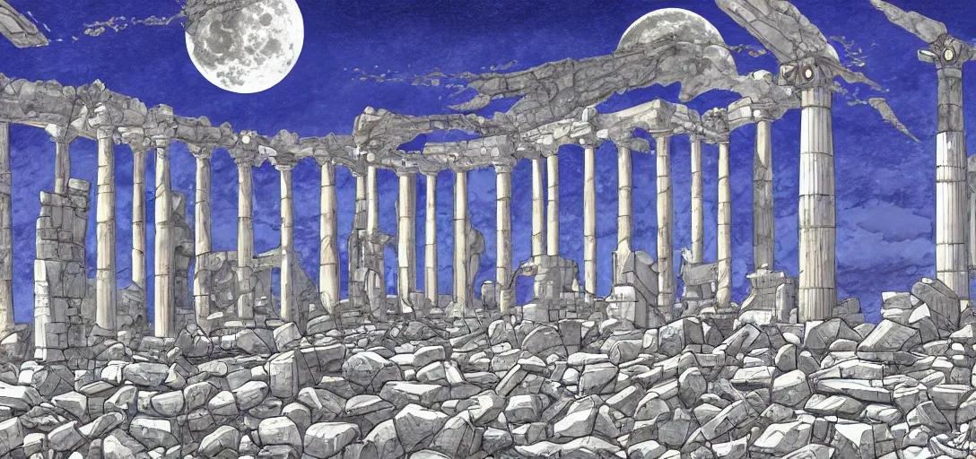 Image similar to The ruins of the Silver Millennium on the moon from Sailor Moon, digital painting, Earth in the distance, Greek-esque columns and ruins