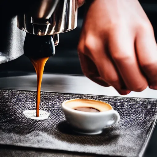 Prompt: a very beautiful macro photograph of espresso being poured from a portafilter. professional, high quality, high resolution, dynamic shot