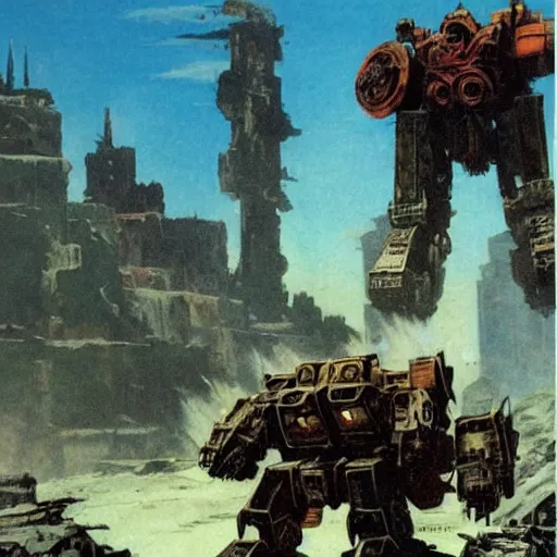 Prompt: a blasted wasteland filled with the ruins of giant mecha, frank frazetta