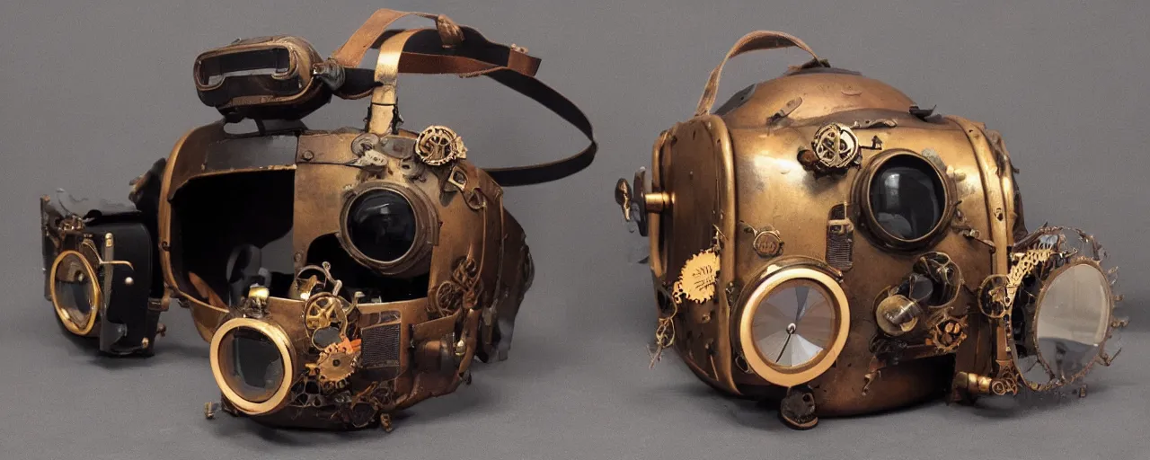 Image similar to advanced complex steampunk VR headset, vintage photo