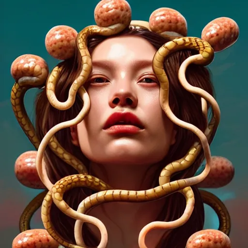 Image similar to medusa with sausages instead of snakes. replace snakes with sausages. intricate abstract. intricate artwork. by tooth wu, wlop, beeple, dan mumford. trending on artstation, greg rutkowski very coherent symmetrical artwork. cinematic, hyper realism, high detail, octane render, 8 k, iridescent accents