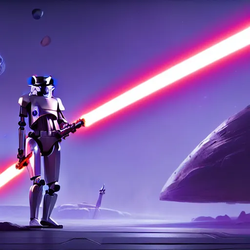 Prompt: robot wielding lightsaber in front of a violet planet, unreal engine, featured on cgsociety, trending on artstation, detailed, scifi futuristic character concept, greg rutkowski, movie poster, octane render, hyperrealistic, cinematic