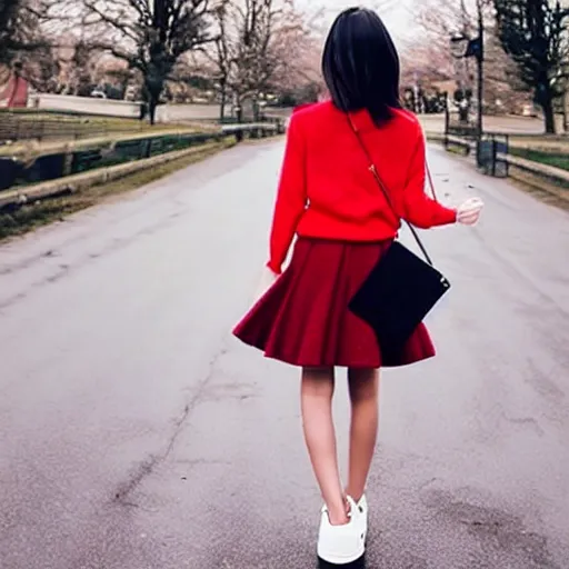 Image similar to of girl wearing red sweater with short black skirt and high heal shoes