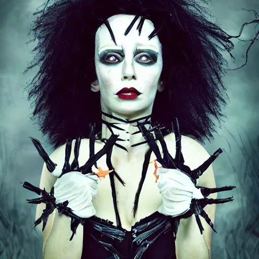 Image similar to Taylor Momson as Regina Scissorhands in Edward Scissorhands Remake, (EOS 5DS R, ISO100, f/8, 1/125, 84mm, postprocessed, crisp face, facial features)