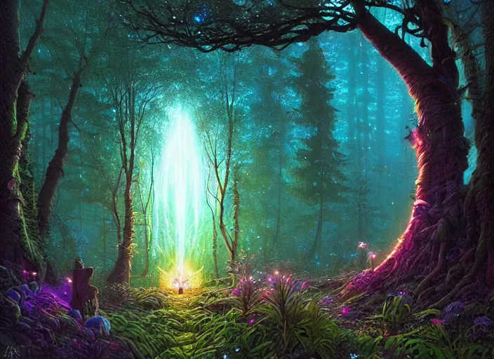 Image similar to cosmic portal in an enchanted forest at night, swirling magical glowing light portal, ferdinand knab, alena aenami, dan mumford
