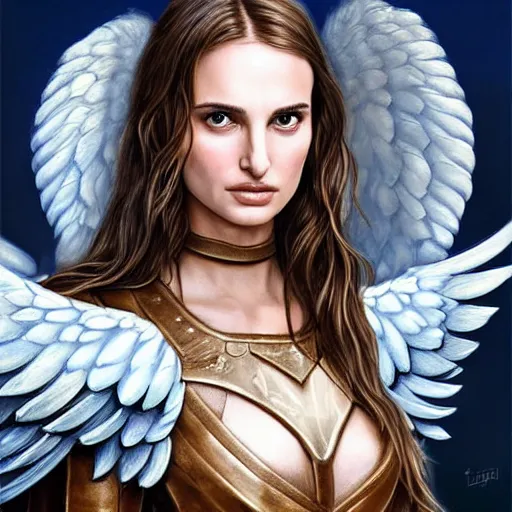 Prompt: portrait of young aasimar angel valkyrie warrior girl maiden wearing comfy leather armor with beautiful feathered angel wings, blue eyes, beautiful face, Natalie Portman, Emily Ratajkowski, innocent, intricate, elegant, highly detailed, ultradetailed, hyperdetailed, artstation, concept art, smooth, sharp focus, illustration, art by artgerm and greg rutkowski and Rossdraws and Bluesssatan and Mandy Jurgens