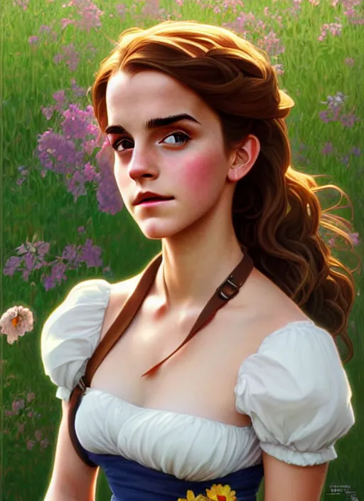 Image similar to cute buxom emma watson milkmaid, natural lighting, path traced, highly detailed, high quality, digital painting, by don bluth and ross tran and studio ghibli and alphonse mucha, artgerm