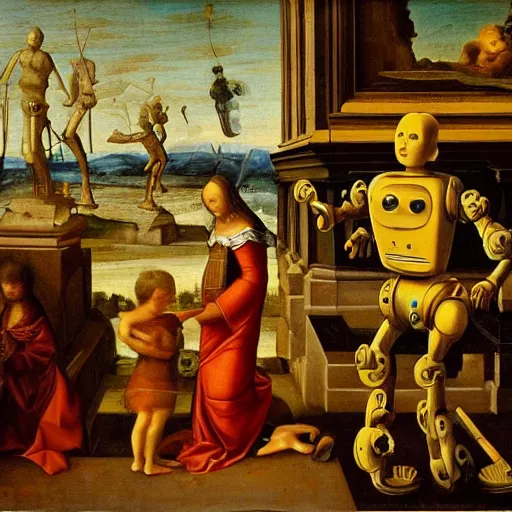 Prompt: robots in renaissance paintings,