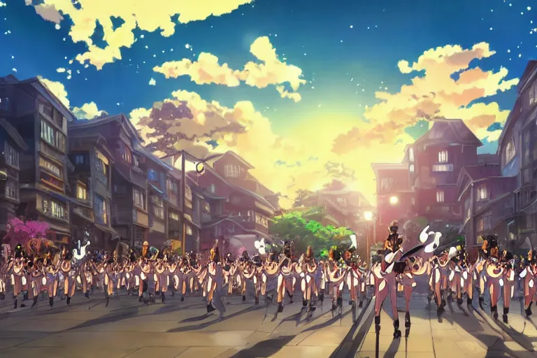 Image similar to anime key visual of a marching band in the middle of a fantasy city in the style of studio ghibli, moebius, makoto shinkai, dramatic volumetric lighting