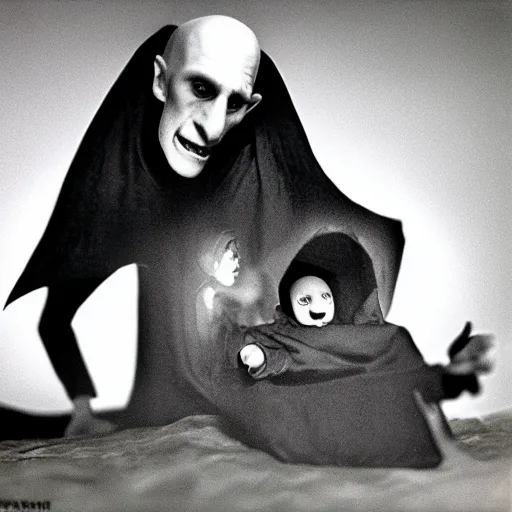 Image similar to portrait of nosferatu playing with his kid, realistic detailed photography, kodak 5 2 1 9 film, 5 0 mm lens