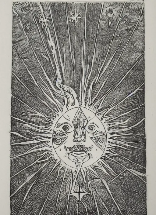 Image similar to occult art etching, very detailed, of the spirit of the sun. alchemical art, esoteric art