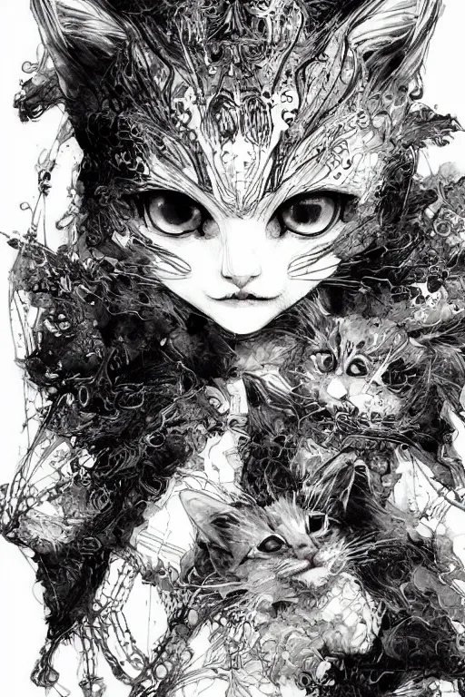 Image similar to Kitten vampire lord, pen and ink, intricate line drawings, by Yoshitaka Amano, Ruan Jia, Kentaro Miura, Artgerm, watercolor