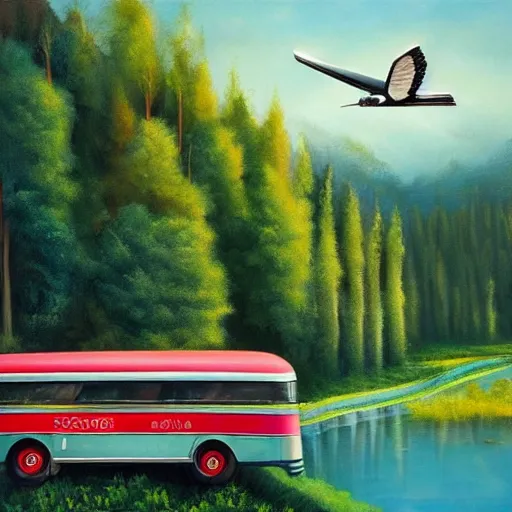 Image similar to a [ 5 0 s bus with wings ] flies above a forest and lake, [ oil painting ]!!, trending on cgsociety, 4 k