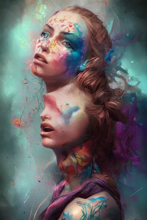 Image similar to girl face with colourful tattoo, volume light, by bastien lecouffe deharme