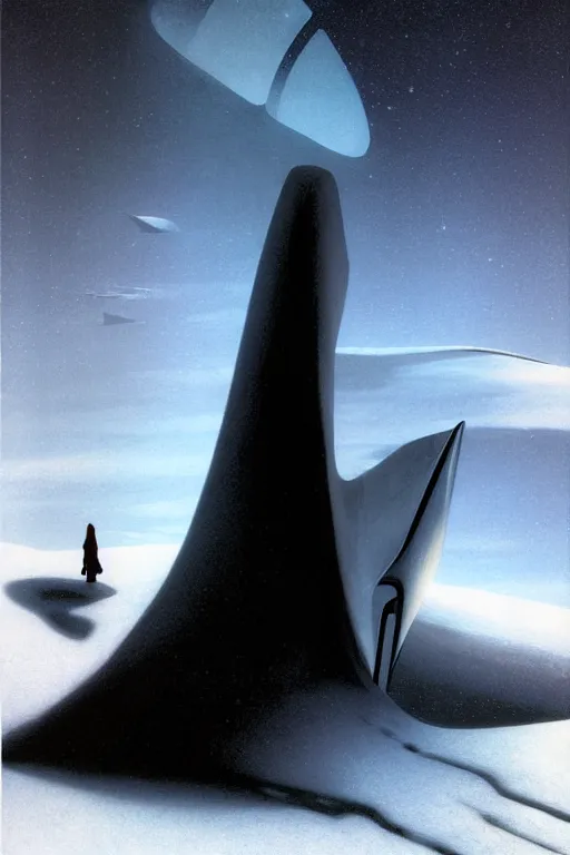 Image similar to emissary snowy space by arthur haas and bruce pennington and john schoenherr, cinematic matte painting, zaha hadid building, photo realism, dark monochrome color palate, small woman silhouette for scale