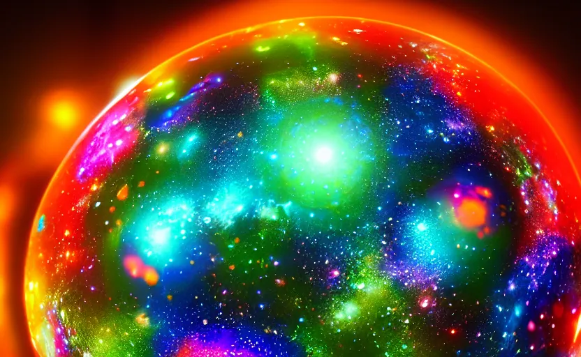 Image similar to pro - vida, cosmic integration, the privilege of being, closeup of a hand holding spheres of power, cosmic color scheme, macro up view, neon, glow, darkness, dramatic, sharp focus, octane render, imax